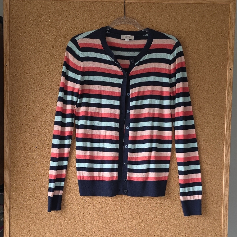 LOFT Multi‑Color Navy Colorblock Stripe Cardigan Sweater Women’s Medium